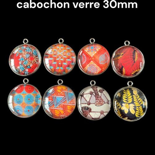 Pendentifs en acier inoxydable cabochon verre,motif wax tissu africain,3 cm,lot de 7