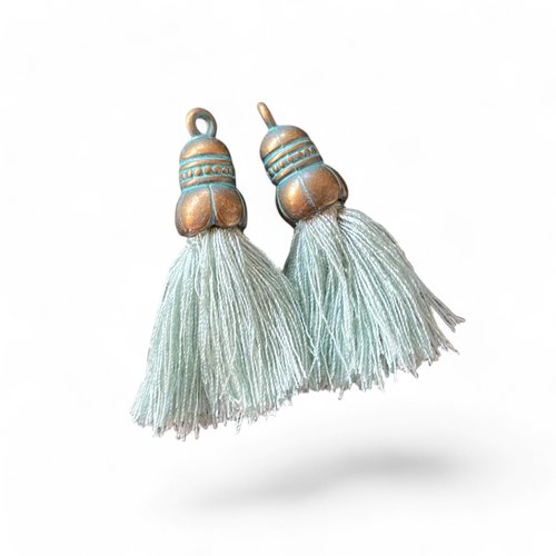 Pompon fil de coton,calotte métal oxydé vert antique,35x10mm,vendu par 2
