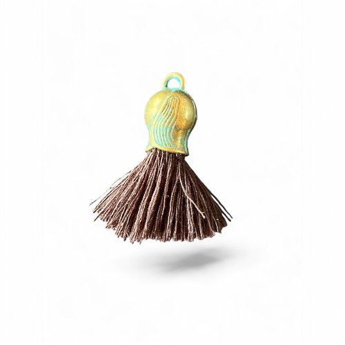 Pompon coton  calotte métal bronze patiné bleu 4,2 cm