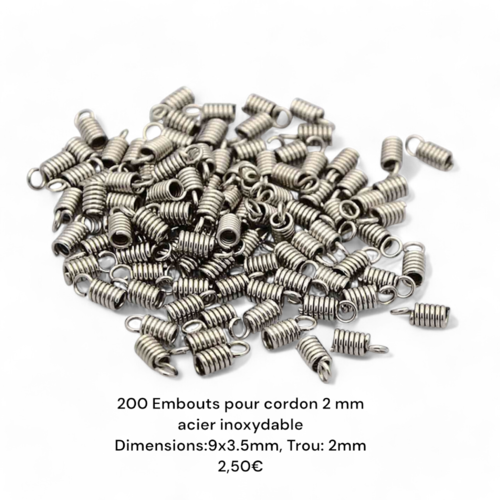 Embouts pour cordon 2 mm acier inoxydable ,lot de 200