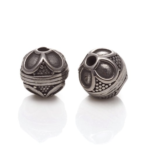 Perle en acier inoxydable 304 ronde vieil argent,lot de 2 perles