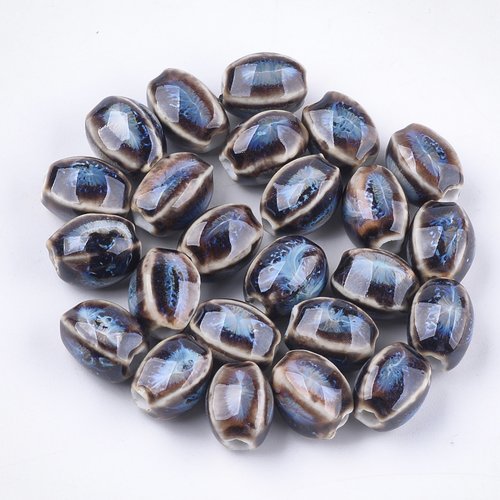 Perles porcelaine émaillée antique, ovale, 12~14x9~10.5x9~11mm, trou: 2.5mm,lot de 10