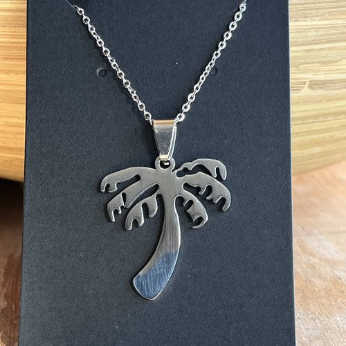 Collier pendentif cocotier,acier inoxydable argent