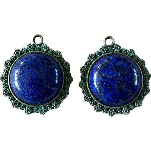 Pendentif lapis lazuli et son support en métal patiné turquoise,cabochon 20 mm,lot de 2