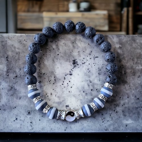 Kit bracelet élastique yin yang,lave,agate dzi