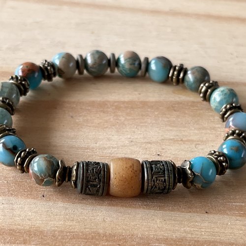 Kit bracelet élastique perle en jaspe impérial,bois,et corne