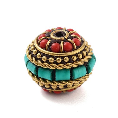 Perle indonésienne manuelle laiton, gemme,ronde, cyan, 19x17mm