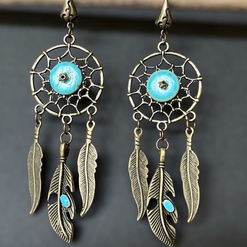 Boucle d'oreilles amérindien métal bronze,attrape rêve