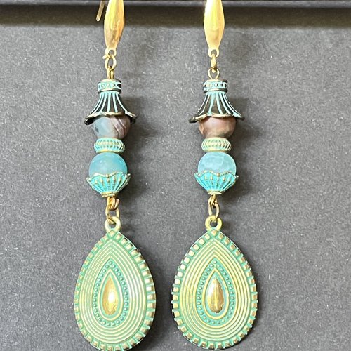Boucle d'oreille ethnique,perles en agate dépolie