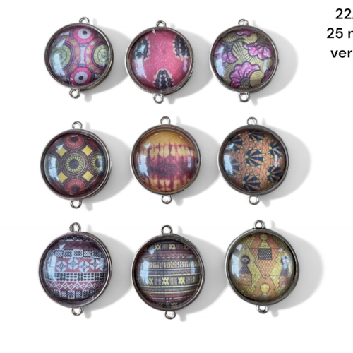 9pendentifs connecteurs cabochon verre,motif wax tissu africain,2,5 cm,lot de 9