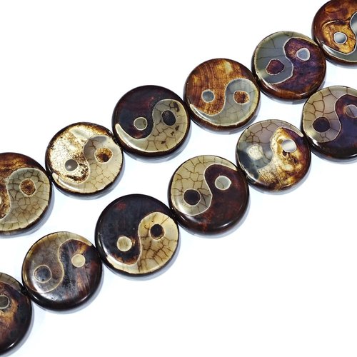 Perle yin et yang,perle dzi agate,ronde et plate,29~30.5x9~10mm,lot de 2 perles