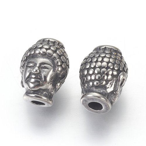 Perle intercalaire bouddha,acier inoxydable argent,lot de 2