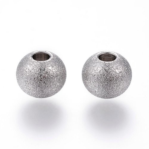 Perle texturée en acier inoxydable,ronde,électrophorèse argent,8 mm,lot de 10