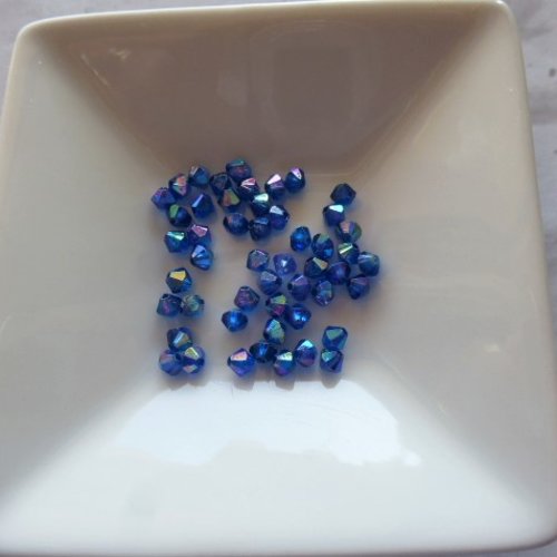 50 perles toupies acrylique, bi cônes 4 mm bleu indigo irisé