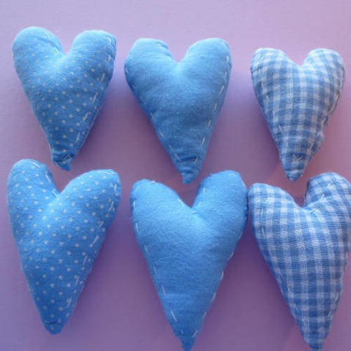 6 coeurs en tissu bleu et blanc à pois et à carreaux vichy, faits main,  pour décoration chambre d'enfants