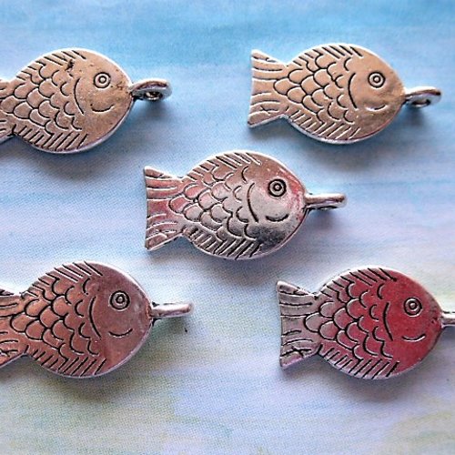 5 perles pendentifs poissons argent tibétain 25 mm breloques pour création bijoux, boucles d'oreilles, loisirs créatifs