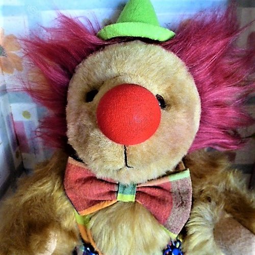Ours de collection en peluche fait main façon vintage 39 cm, clown rigolo chevelure rouge pour décoration