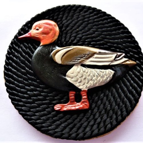 Applique canard "nette rousse" sur fond noir patch, écusson en cordelette soie 60 mm