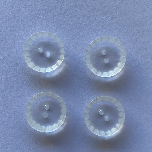 4 boutons ronds bordure travaillée en plastique transparent 14 mm, 4 trous