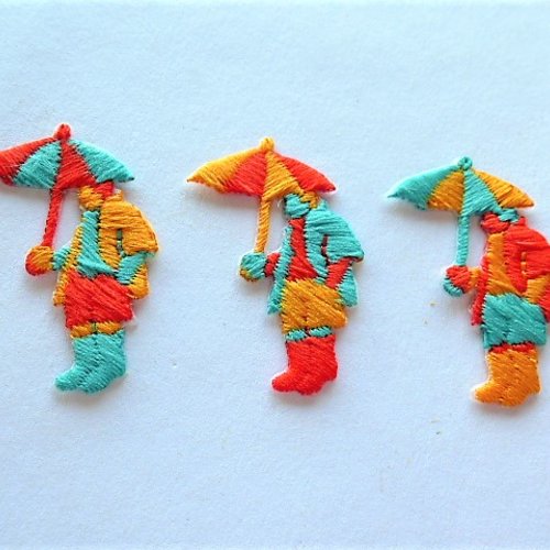 3 appliques personnages sous la pluie patch écussons orange et jaune