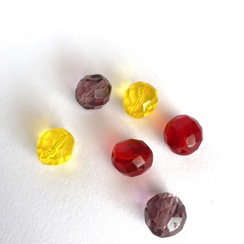 6 perles en verre de bohème à facettes 12 mm , rouge, jaune, violet