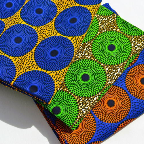 Coupon wax africain 45 x116 cm, ankara wax 100% coton, tissu ankara , african print fabric, motif "disque" bleu ou vert