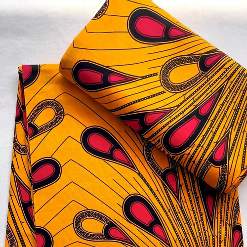 Coupon wax 45 x 116 cm, ankara fabric 100% coton, tissu wax, pagne africain jaune orangé et rouge, motif ampoule, plume de paon