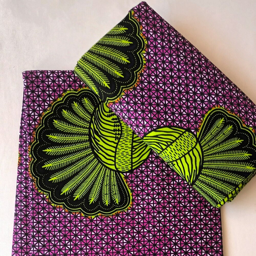 Coupon wax, tissu wax, ankara wax 100% coton, ankara fabric, tissu wax par 1/2 yard (45 cm), pagne africain violet et vert, motif "casque"