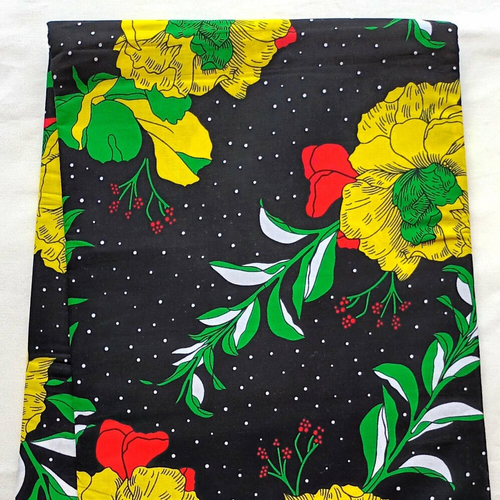 Coupon wax, tissu wax 100% coton, ankara fabric, tissu wax par 1/2 yard, pagne africain, motif "fleuri", couleur jaune, rouge, vert et noir