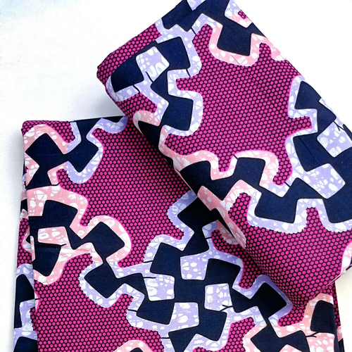 Tissu Coton Imprimé Africain Ankara - Motifs Vifs Couleurs Bleu Rose Violet Blanc
