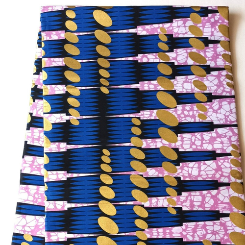 Coupon wax, tissu wax par 1/2 yard, tissu doré et 100% coton, pagne africain doré, couleur bleu et rose