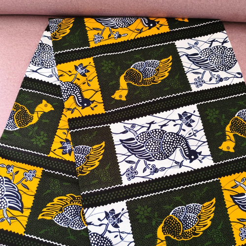 Coupon wax, tissu wax par 1/2 yard, ankara wax 100% coton, ankara fabric, wax fabrics, imprimé africain oiseaux, fond vert, jaune