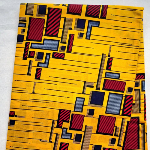 Coupon wax, tissu wax, ankara wax 100% coton, ankara fabric, tissu wax 1/2 yard, pagne africain à motifs géométriques rouge, fond jaune