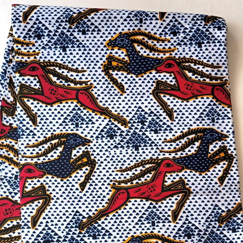 Coupon wax, tissu wax par 1/2 yard (45 cm), ankara wax 100% coton, pagne africain, motif "animaux", couleur rouge et bleu, fond blanc