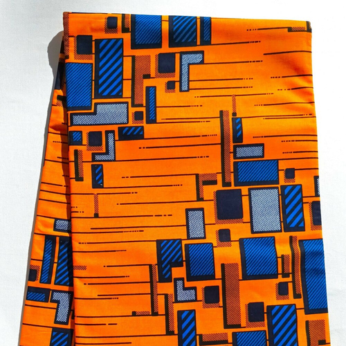 Coupon wax, tissu wax par 1/2 yard (45 cm), ankara wax 100% coton, ankara fabric, pagne africain à motif géométrique bleu, fond orange