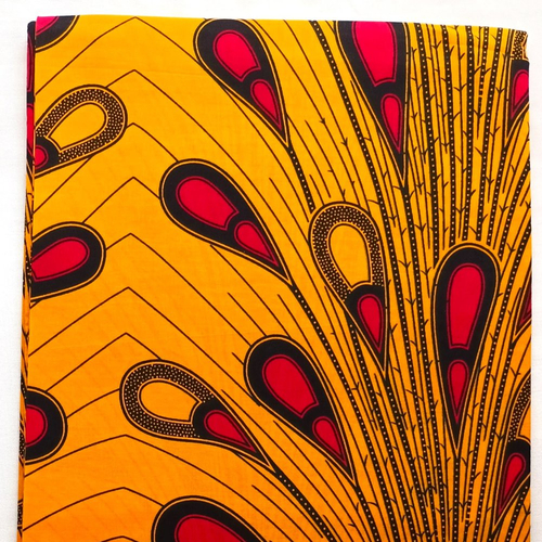 Tissu wax 6 yards, ankara fabric 100% coton, coupon wax, pagne africain jaune orangé et rouge, motif "ampoule", "plume de paon"
