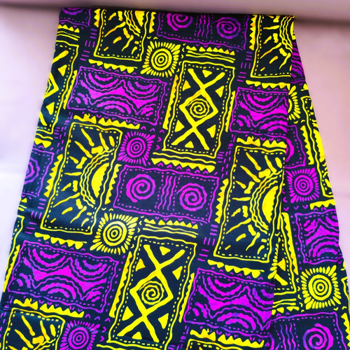 Coupon wax bogolan 100% coton, tissu africain 45 cm x 115 cm, ankara fabrics, african print, ankara, imprimé africain bogolan jaune violet