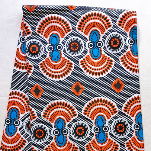 Coupon wax, tissu wax africain, ankara wax 100% coton, ankara fabric, tissu wax 1/2 yard (45 cm), pagne : motif "masque", orange et bleu