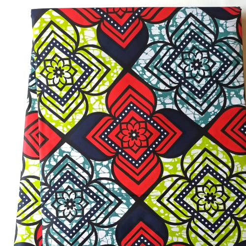 Coupon wax polycoton, tissu wax par 45 x116 cm, ankara wax, ankara fabric, wax fabrics, pagne africain: motif fleurs rouge et vert
