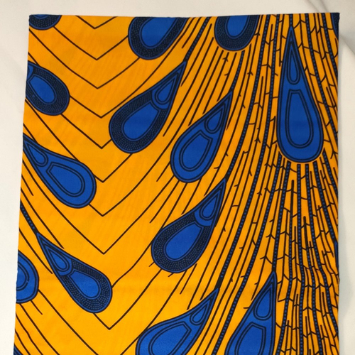 Coupon wax polycoton, tissu wax par 45 x116 cm, ankara wax, ankara fabric, wax fabrics, pagne africain: motif gouttes, plume de paon, bleu