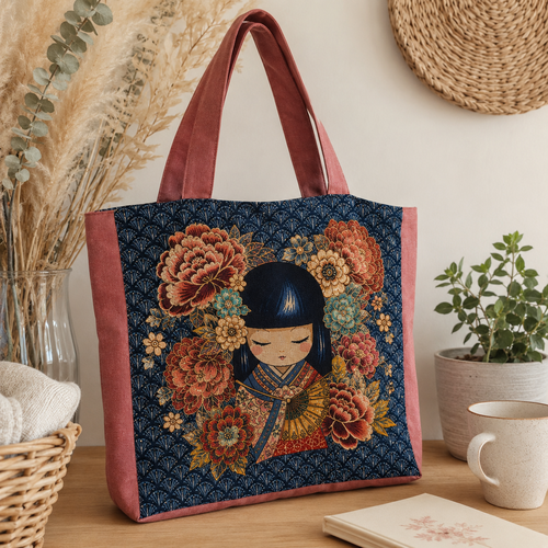 Cabas artisanal "kokeshi fleuri"
