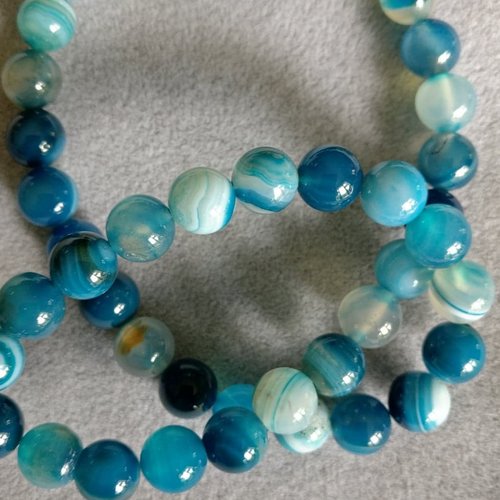 Lot de 10 perles d’agate bleu paon à rayures rondes en pierre naturelle 8 mm.