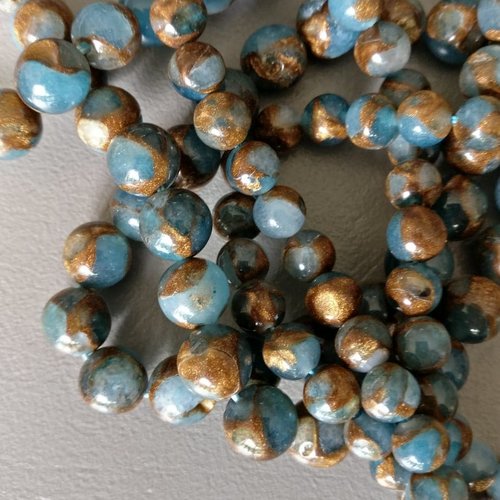 Lot de 10 perles de cloisonné bleu clair et mordoré rondes en pierre naturelle 6 mm.