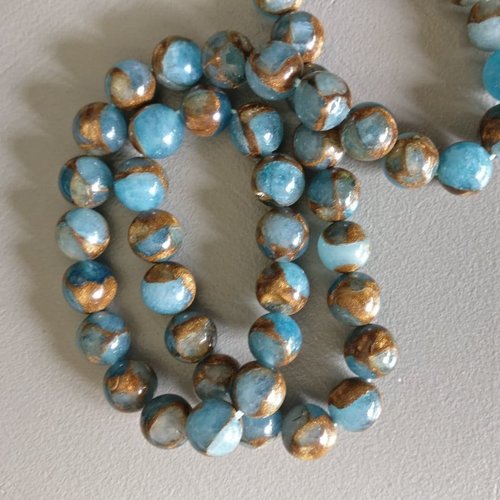 Lot de 10 perles de cloisonné bleu clair et mordoré rondes en pierre naturelle 10 mm.
