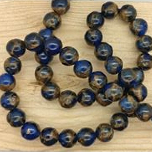 Lot de 10 perles de cloisonné bleu foncé et mordoré rondes en pierre naturelle 8 mm.