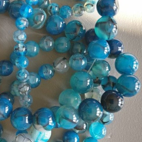 Lot de 10 perles d'agathe veine de dragon bleue rondes en pierre naturelle 10 mm.
