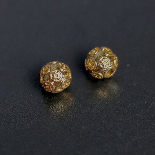 Lot de 2 perles africaines en laiton 12 mm dorées,  ashanti pour la fabrication de bijoux - haute brillance or