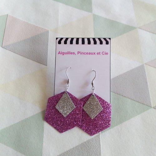 Boucles d'oreilles hexagonales violet et argent