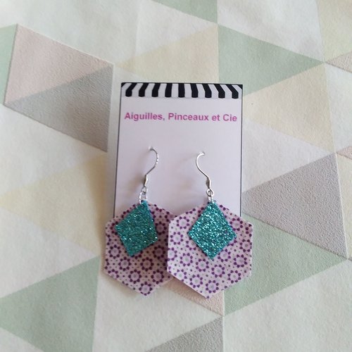 Boucles d'oreilles hexagonales imprimé violet et pailleté turquoise