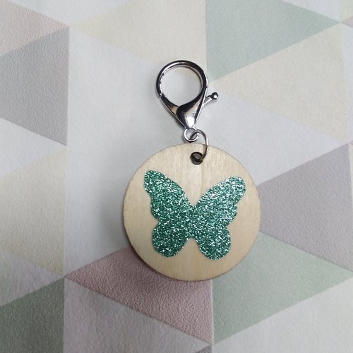 Porte clés rond motif de papillon en paillettes vertes